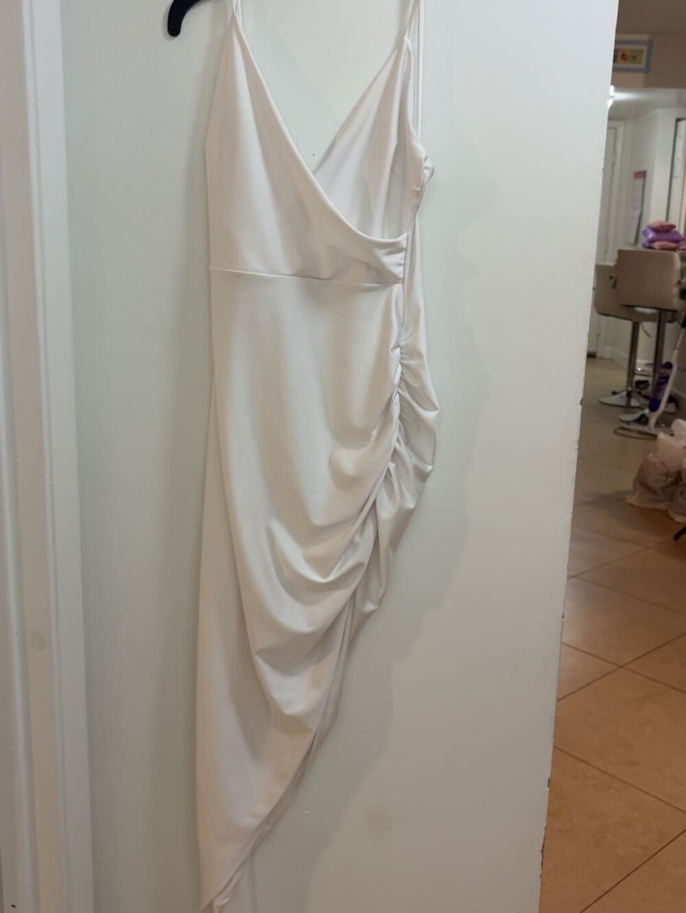 Steps White Asymmetric Wrap Dress w/Deep V-neck and Side Ruching, S